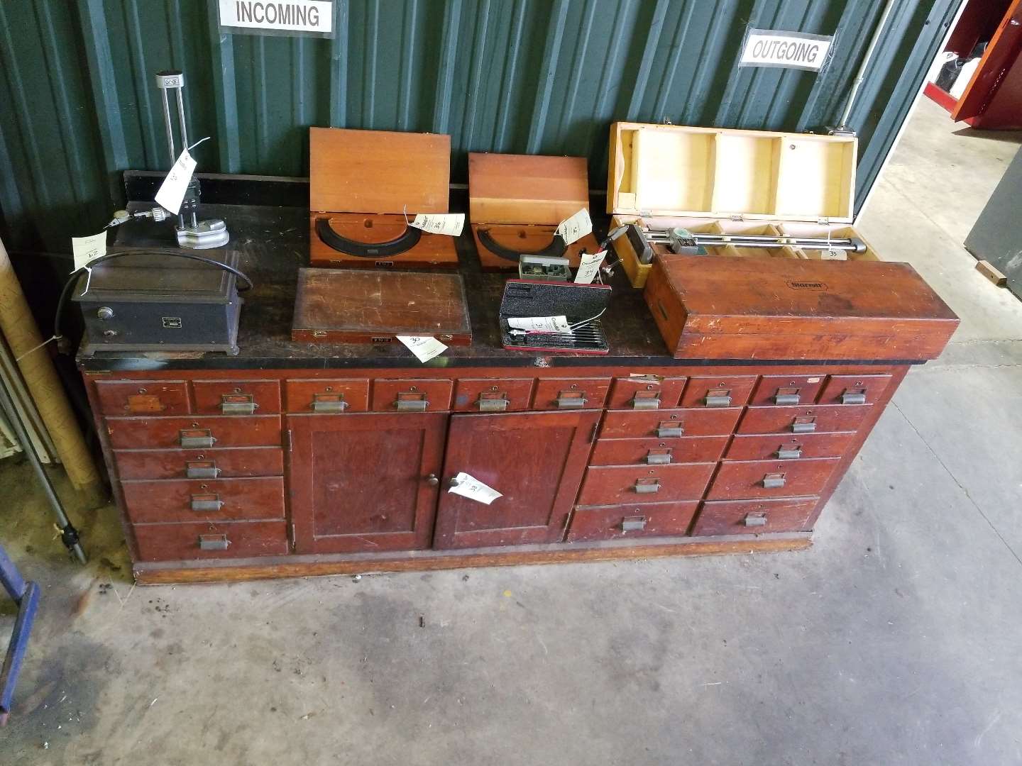 Auction Lot 90 X 28 Wooden Tool Cabinet With Sliding Drawers